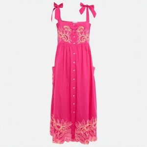 Juliet Dunn Fuchsia Embroidered Tie Shoulder Midi Dress US 4/6 Vacation Dress